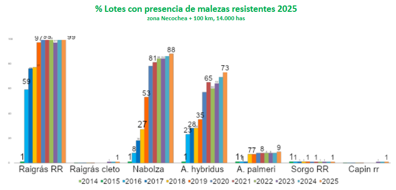 Porcentaje de lotes con al menos una planta de maleza resistente. El gráfico muestra que los primeros 4 a 5 años son clave para el desarrollo de la resistencia y para la proliferación de estas malezas en los lotes.