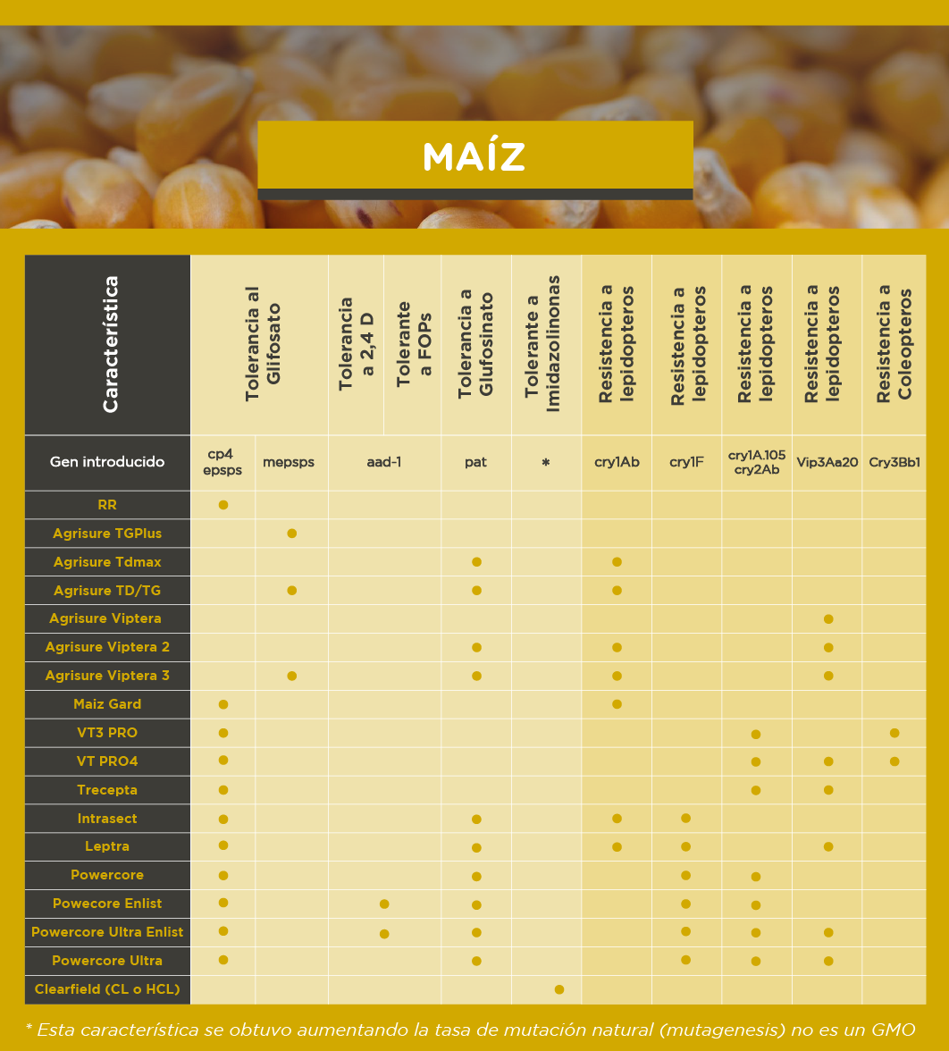 Tabla 1: Nombres comerciales y proteínas de protección frente a malezas e insectos.