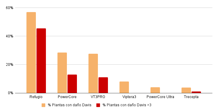 Gráfico 2: Porcentaje de plantas con INC e INC>3 de cada uno de los eventos.