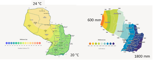 Fig. 3. Distribución geográfica de (a) la temperatura media anual y (b) la precipitación anual en Paraguay. Adaptado de Grassi (2020).
