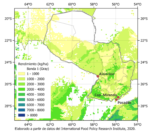 Fig. 4. Distribución geográfica de (a) la superficie cosechada y (b) el rendimiento de trigo en Paraguay, con resolución espacial de 10 × 10 km (= 10 000 ha). Elaborado a partir de datos del International Food Policy Research Institute (2020). 