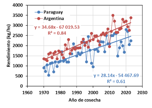 Fig. 6. Evolución de (a) la producción y la exportación de trigo de Paraguay y (b) los rendimientos de trigo en Paraguay y Argentina. Elaboración propia a partir de datos de FAOSTAT de Paraguay y Argentina. 
