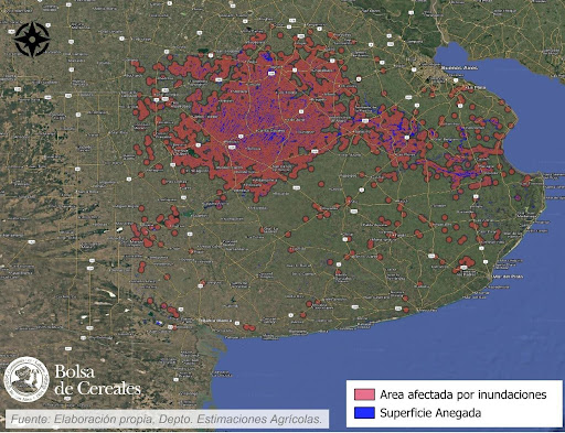 Figura 1. Distribución de áreas afectadas por inundaciones en la provincia de Buenos Aires al 15 de septiembre. Se destacan en rojo las zonas con impacto productivo por excesos hídricos y en azul las superficies actualmente anegadas, concentradas principalmente en el centro y noreste provincial. Fuente: elaboración propia, Departamento de Estimaciones Agrícolas – Bolsa de Cereales de Buenos Aires.