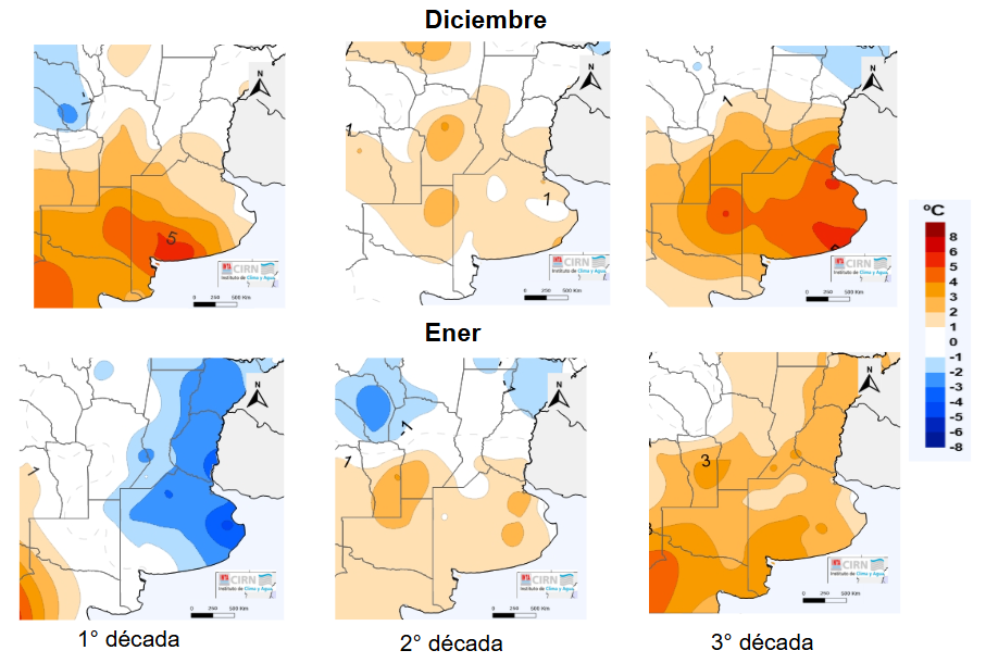 Figura 1. Anomalía de temperaturas máximas medias de diciembre (paneles superiores) y de enero (paneles inferiores) para las tres décadas de cada mes para la región Pampeana. Mas información de SIGA https://siga.inta.gob.ar/ y https://sepa.inta.gob.ar/