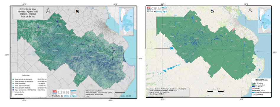 Figura 3. Detección satelital de superficies con agua en Buenos Aires en agosto 2025 (a) y enero 2026 (b). Utilizando un índice espectral (MNDWI), calculado sobre un mosaico de imágenes Landsat (30 m de resolución espacial), fue posible mapear las áreas con agua en superficie. Mas información en SEPA https://sepa.inta.gob.ar/