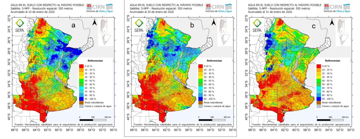 Figura 4. Contenido de agua en el suelo de la primera (a), segunda (b) y tercera (c) década de enero. El modelo, basado en información edafológica, climática y satelital, estima el contenido de agua útil del suelo con respecto a su máxima capacidad de retención dependiendo de las condiciones edáficas y climáticas. Mas información en SEPA https://siga.inta.gob.ar/https://sepa.inta.gob.ar/