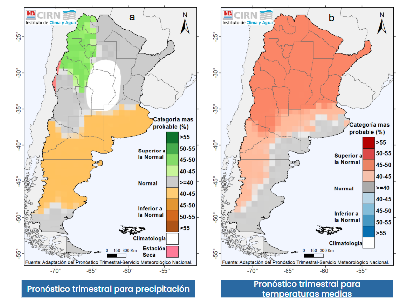 Figura 5. Pronóstico meteorológico trimestral (febrero a abril de 2026) de precipitaciones (a) y temperaturas (b) para la República Argentina elaborado por el Servicio Meteorológico Nacional.  Mas información en https://www.smn.gob.ar/pronostico-trimestral/