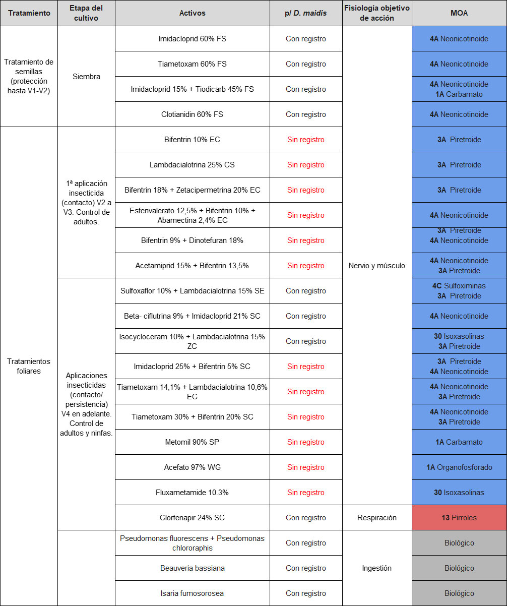 Tabla 2. Productos y dosis correspondientes registradas para D. maidis y otras alternativas evaluadas en ensayos realizados durante la campaña 2023/24 en experiencias realizadas por la EEAOC.
