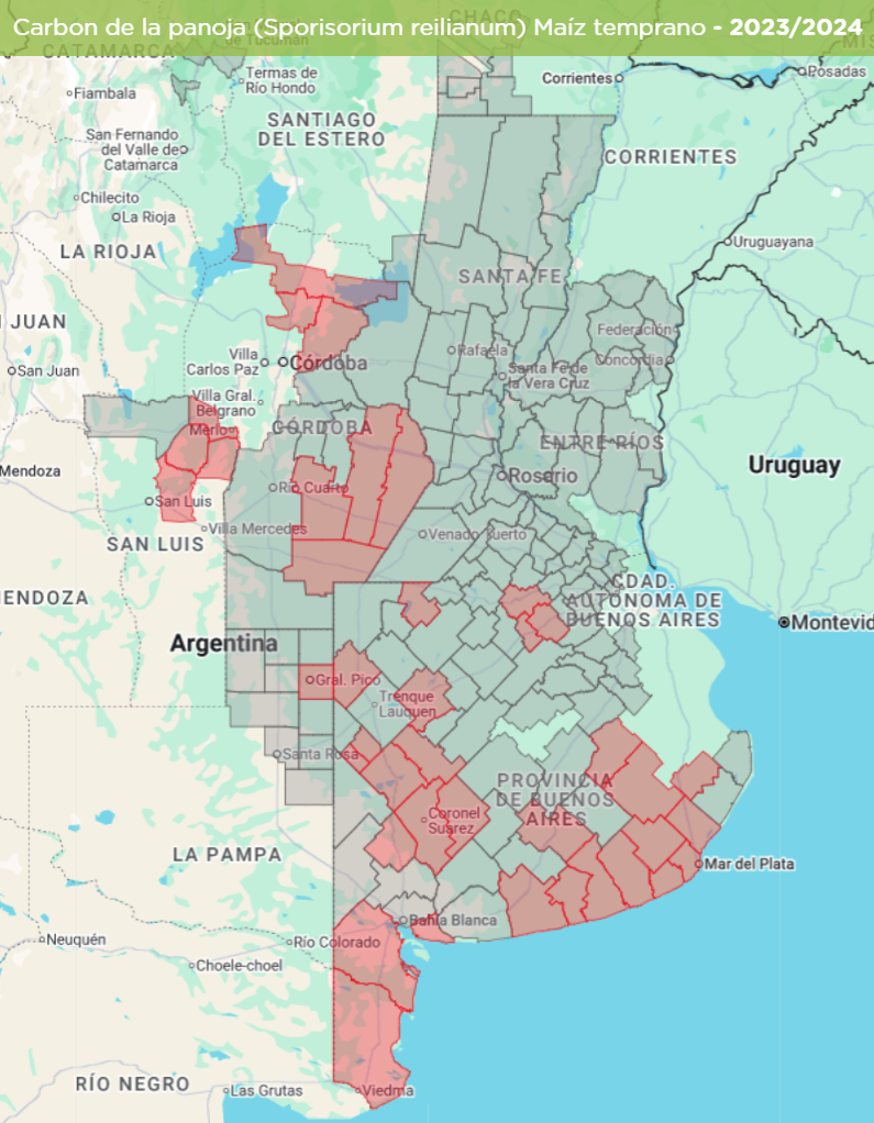 Figura 1. Departamentos con presencia de carbón de la panoja en maíz temprano, 2023/2024. Fuente: Mapas REM.