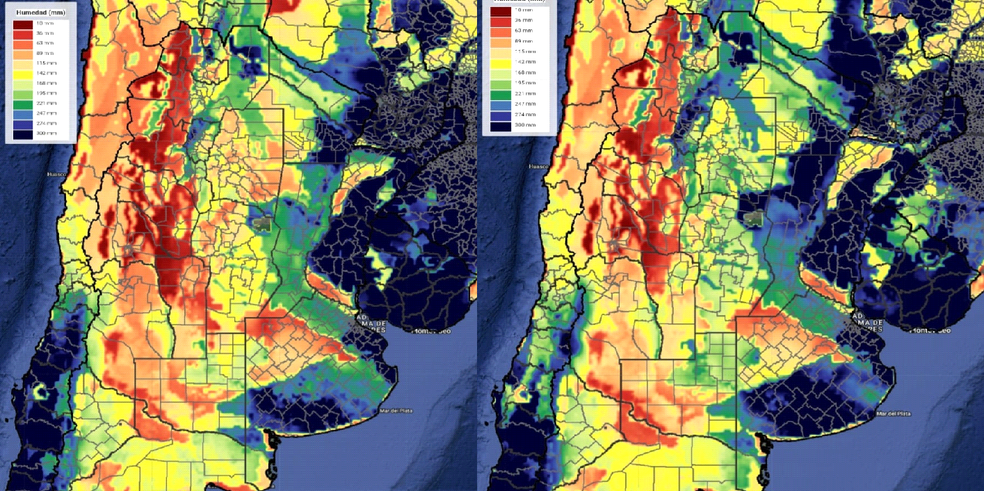 Figura 1. Contenido de agua (mm de agua total) en el suelo al 1 de junio, hasta 1 m de profundidad, en las campañas 2022 y 2026. Mosaicos elaborados por C.C. Zajac (@cristianczajac) a partir de imágenes satelitales.