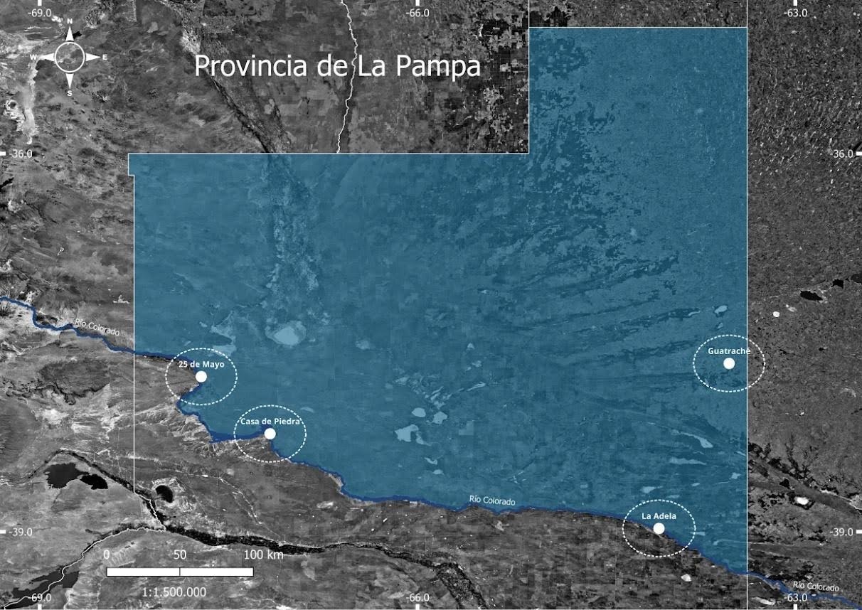 Mapa de la provincia de La Pampa donde se indican los sitios con producción de frutos secos.