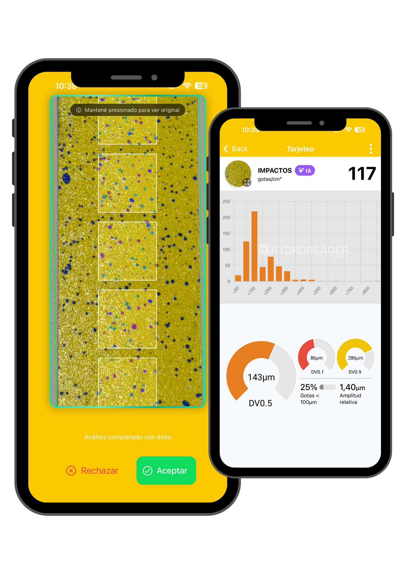 Figura 2. HydroReader: visualización de los impactos procesados con IA y pantalla de resultados. La imagen permite contrastar las detecciones antes de interpretar las estadísticas.