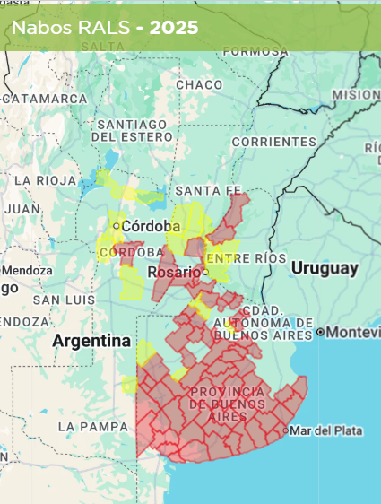 Figura 1. Distribución geográfica de los nabos resistentes a inhibidores de la ALS (RALS) según los mapas REM 2025. La categoría incluye distintas especies de nabos, incluyendo a Hirschfeldia incana. Fuente: REM-Aapresid.